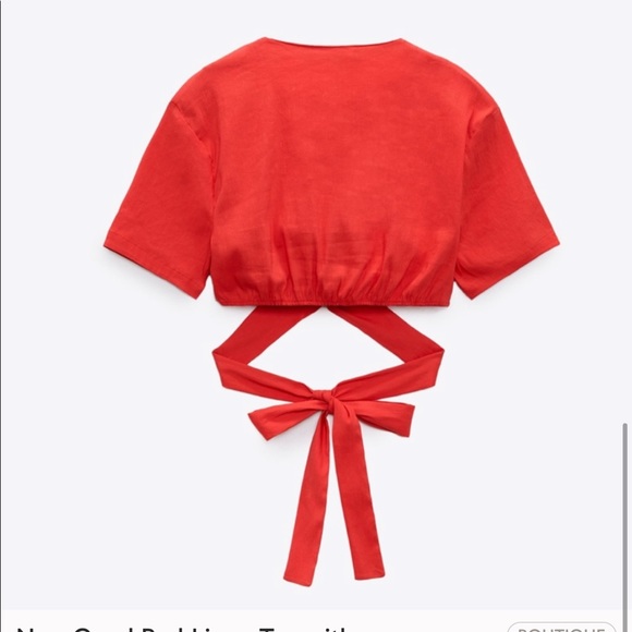 Zara Red Linen Plunge Wrap Crop Top - Picture 2 of 2